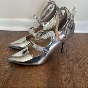silver pointed-toe multi-strap Mary Jane heels by IDIFU Sz 8.5 NEW